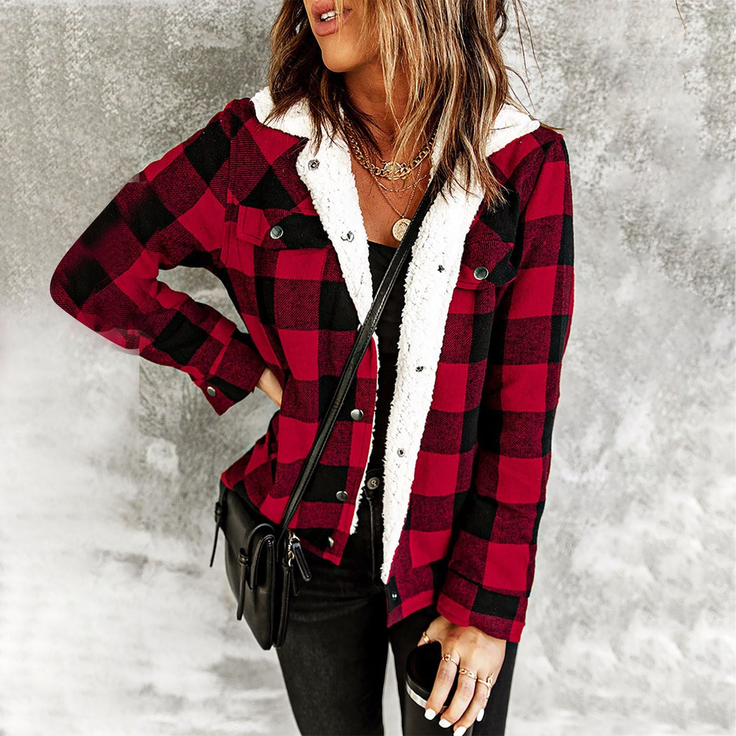 Women’s Winter Jacket - Red and Black Plaid fleece-lined jacet