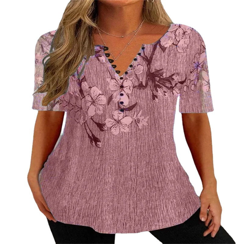 Women’s Shirt - Summer Loose V-neck Short Sleeve Pleated Button Shirt For Women