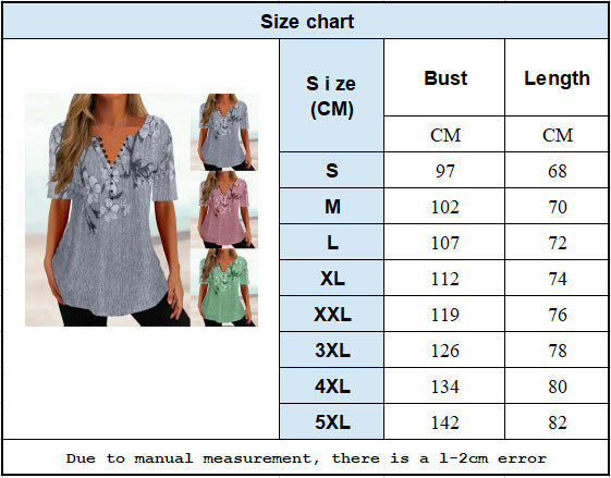 Women’s Shirt - Summer Loose V-neck Short Sleeve Pleated Button Shirt For Women