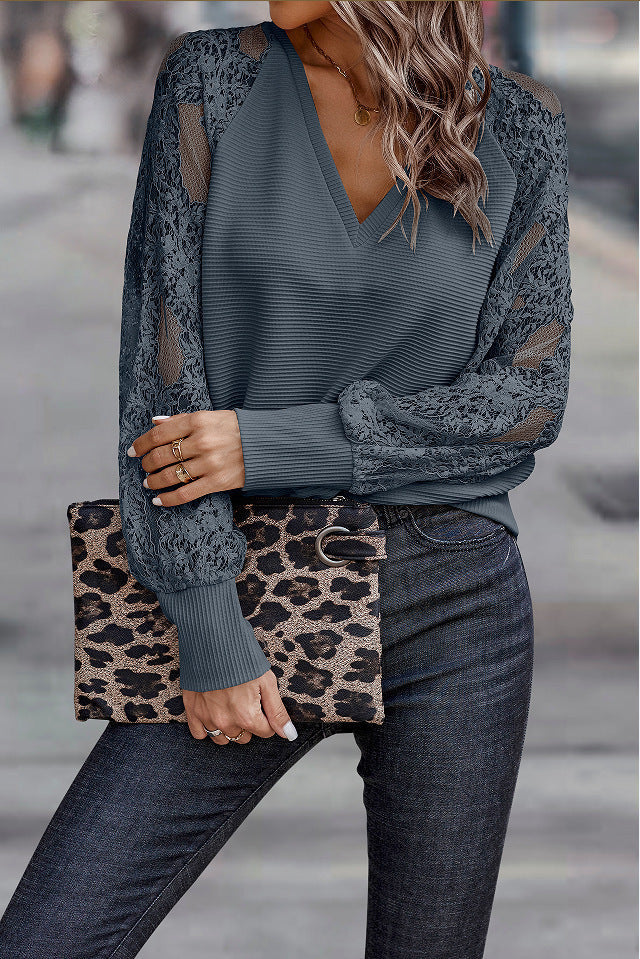 Women's long sleeve shirt - Dacron Garment Long Sleeve Stitching Lace Knitted