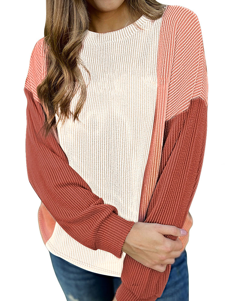 Women’s sweater - Long sleeve European And American Fashion Thread Stitching Loose Round Neck Contrast Color Pullover Sweater For Women