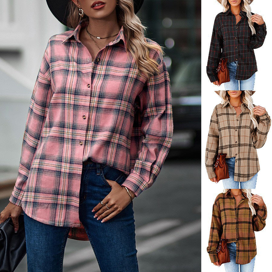 Women’s Long sleeve shirt - New Casual Loose Boyfriend Plaid Shirt