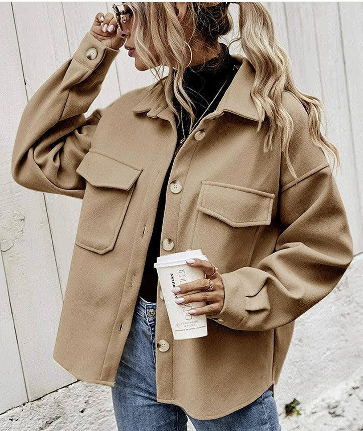 Women’s Winter Coat - Women Lapel Single-breasted Thickened Solid Color Jacket Woolen Loose Short Coat For Women Fashion Outwear Clothing