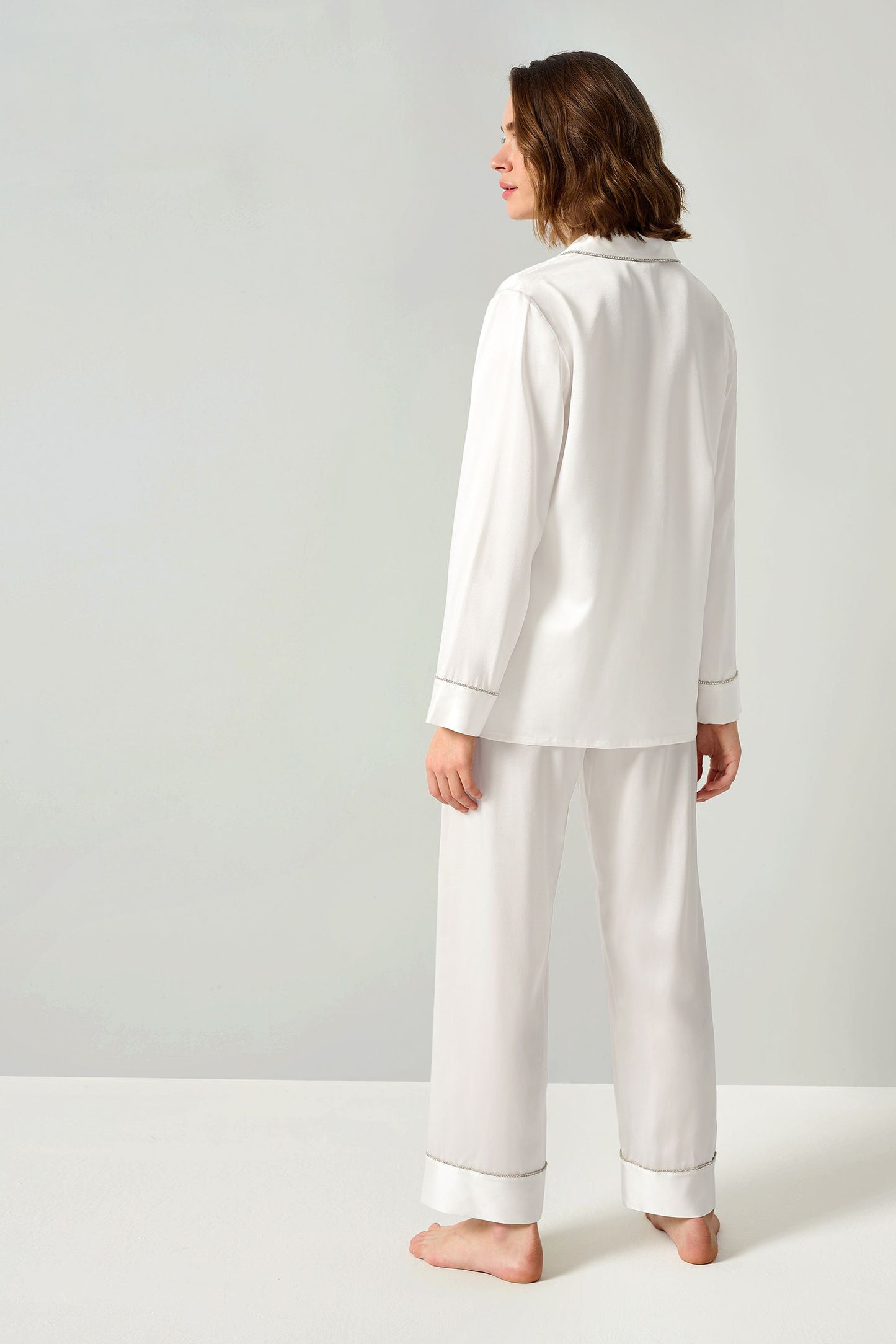 Rhinestone Trimmed Silk Women Pajamas Set