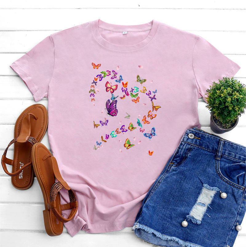 Women’s Tshirt - Women's Fashionable Simple Heart Butterfly Printed Round Neck Short Sleeve T-shirt