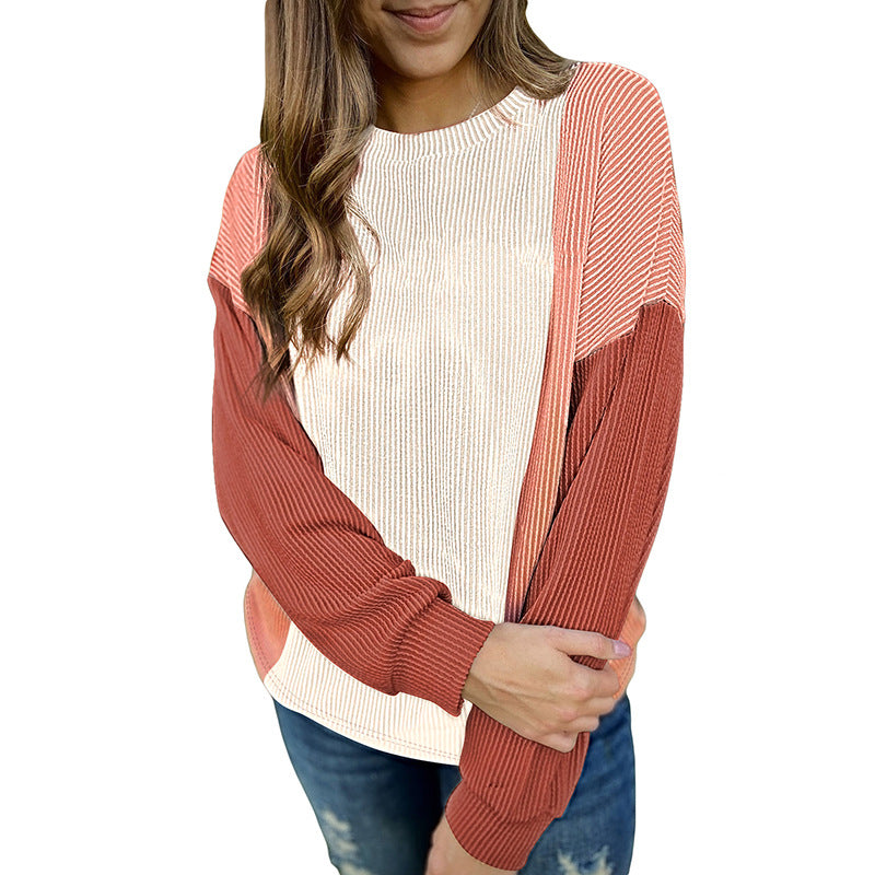 Women’s sweater - Long sleeve European And American Fashion Thread Stitching Loose Round Neck Contrast Color Pullover Sweater For Women