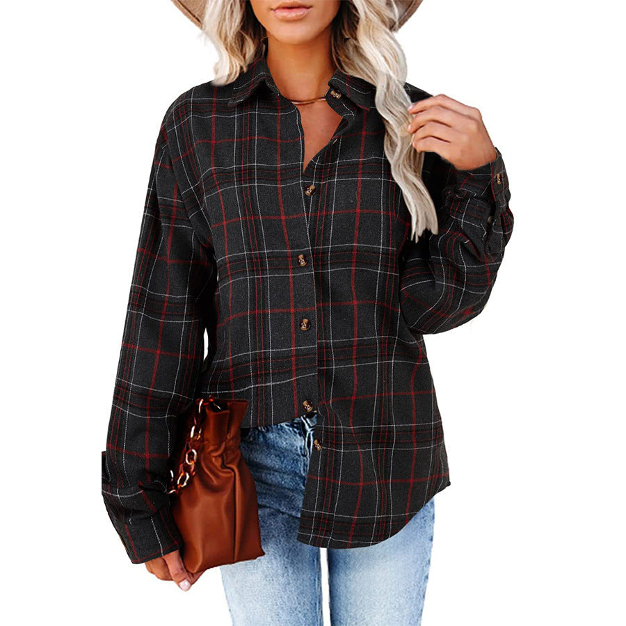 Women’s Long sleeve shirt - New Casual Loose Boyfriend Plaid Shirt