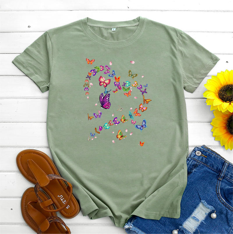 Women’s Tshirt - Women's Fashionable Simple Heart Butterfly Printed Round Neck Short Sleeve T-shirt