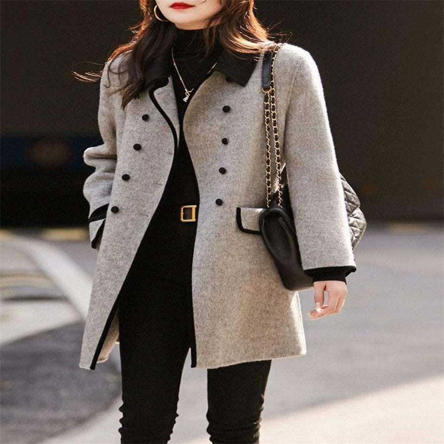 Women’s Jacket - Casual Contrast Color Peter Pan Collar Woolen Coat