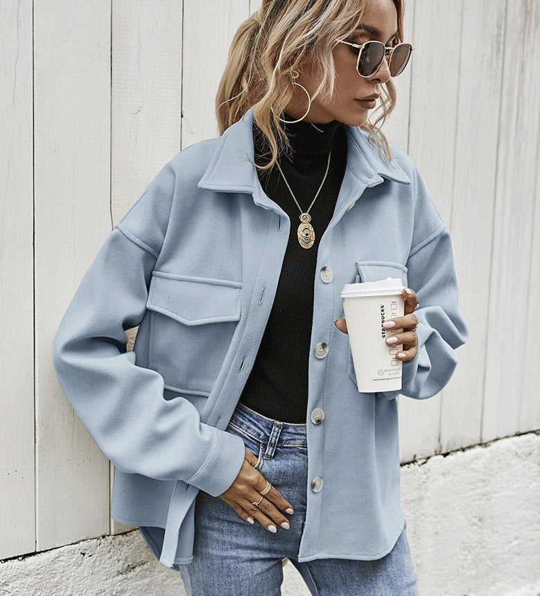 Women’s Winter Coat - Women Lapel Single-breasted Thickened Solid Color Jacket Woolen Loose Short Coat For Women Fashion Outwear Clothing