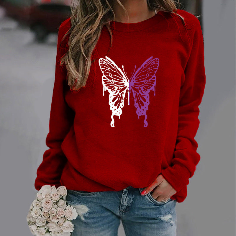 Women’s Long sleeve Tshirt - Fashion Colorized Butterfly Round Neck Sports Top