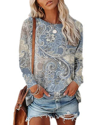 Women’s Long sleeve Tshirt - Women's Printed Long-sleeved Pullover Round Neck Top