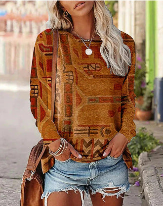 Women’s Long sleeve Tshirt - Women's Printed Long-sleeved Pullover Round Neck Top