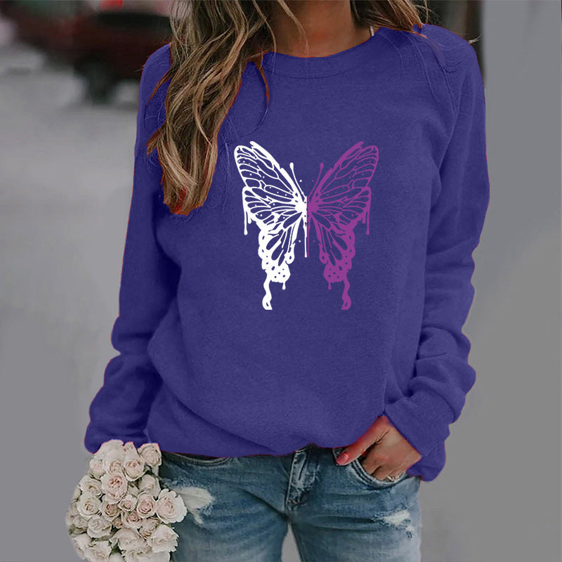 Women’s Long sleeve Tshirt - Fashion Colorized Butterfly Round Neck Sports Top