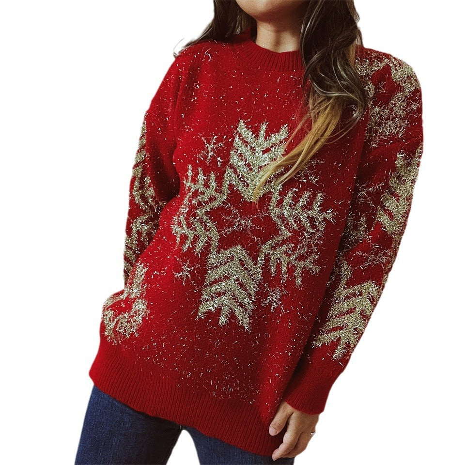 Christmas Sweater - Women's Fashion Loose Gold Line Large Snowflake Christmas Sweater