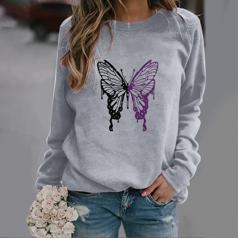 Women’s Long sleeve Tshirt - Fashion Colorized Butterfly Round Neck Sports Top