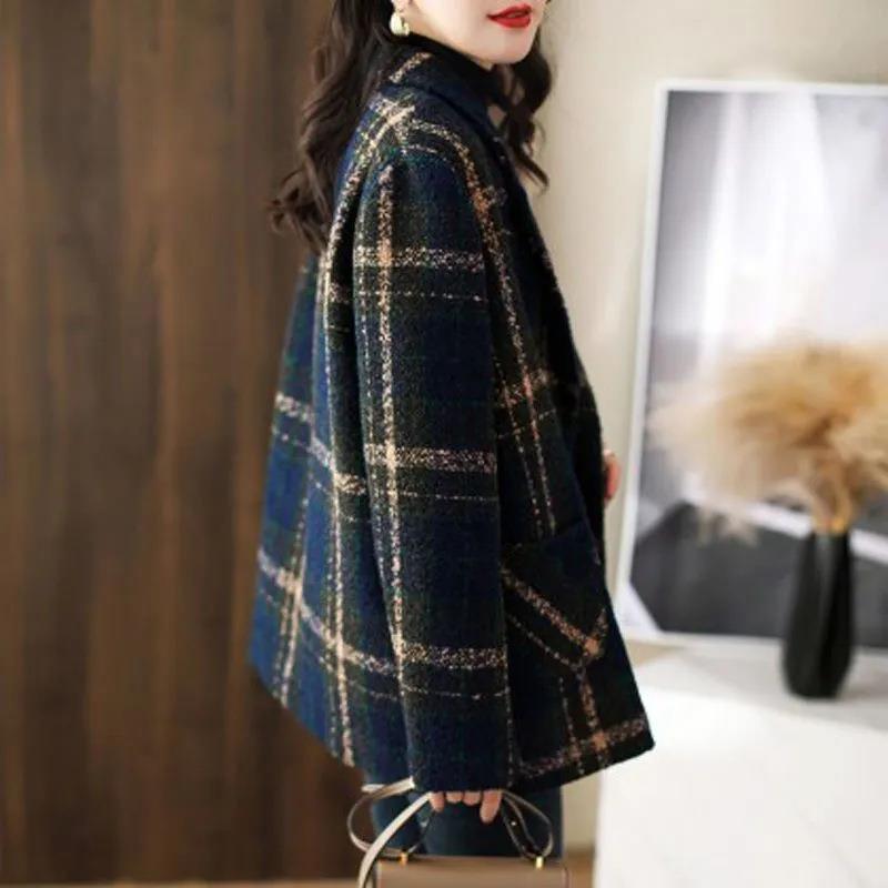 Women’s Jacket - Coat Fashion Slimming Retro Plaid Patchwork Wool Female Suit jacket