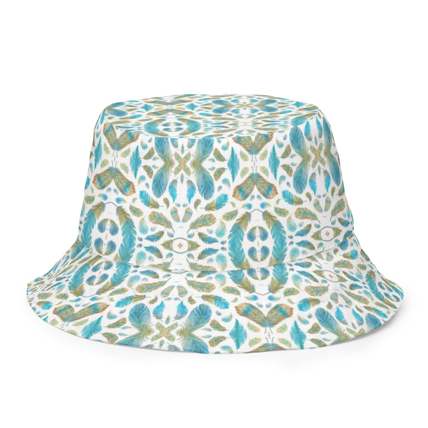 Reversible bucket hat spring green leaves with feathers on reverse design no. 1