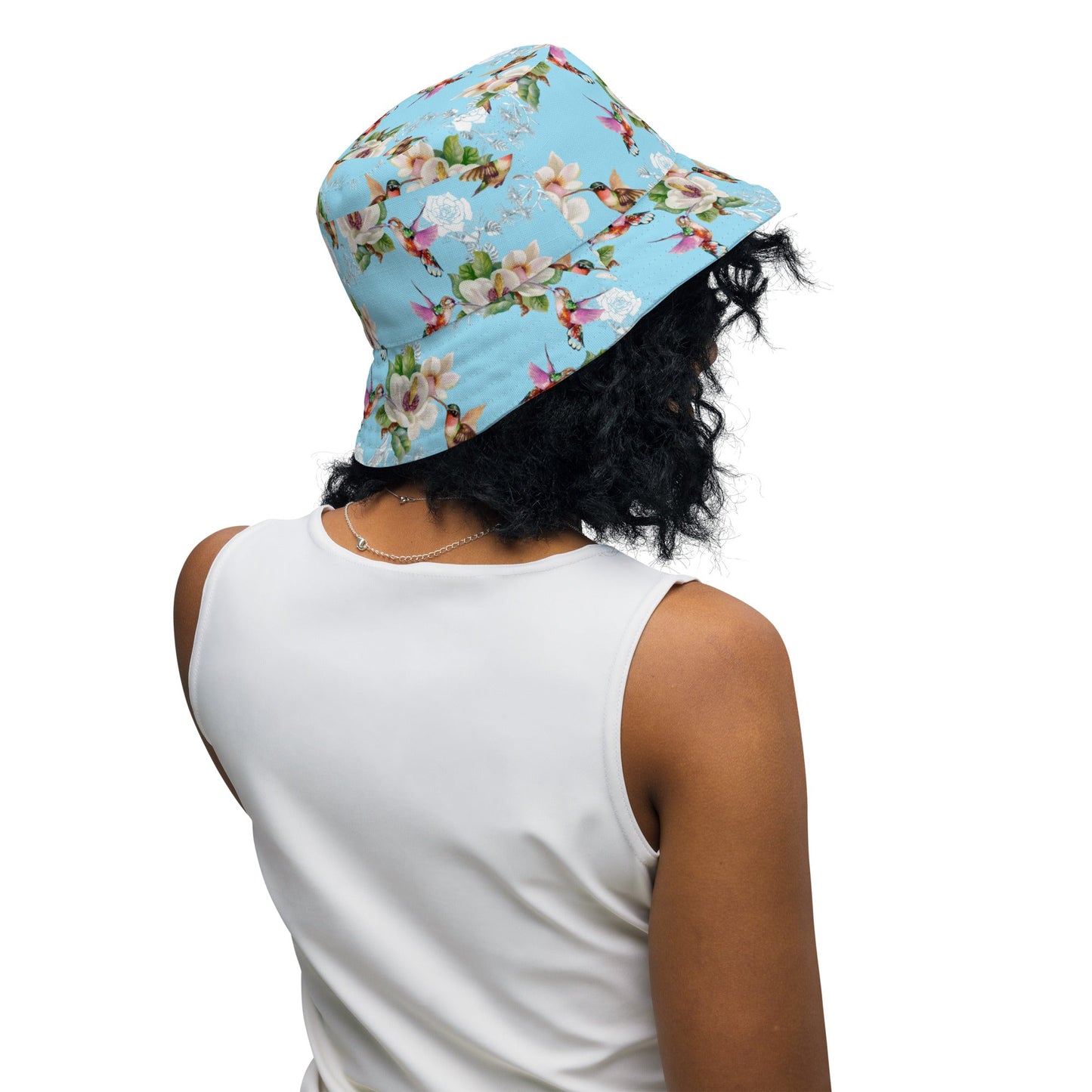 Reversible bucket hat hummingbirds design no. 1 with light blue reverse