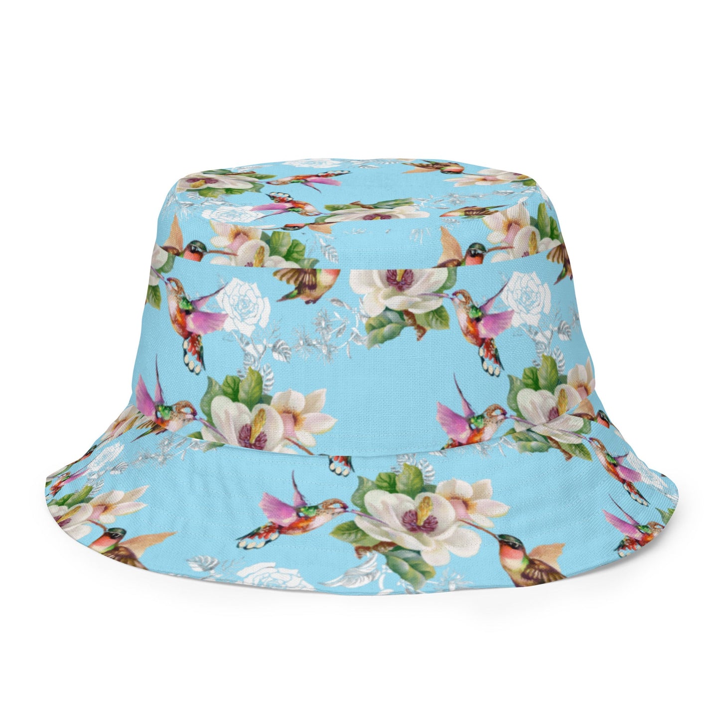 Reversible bucket hat hummingbirds design no. 1 with light blue reverse