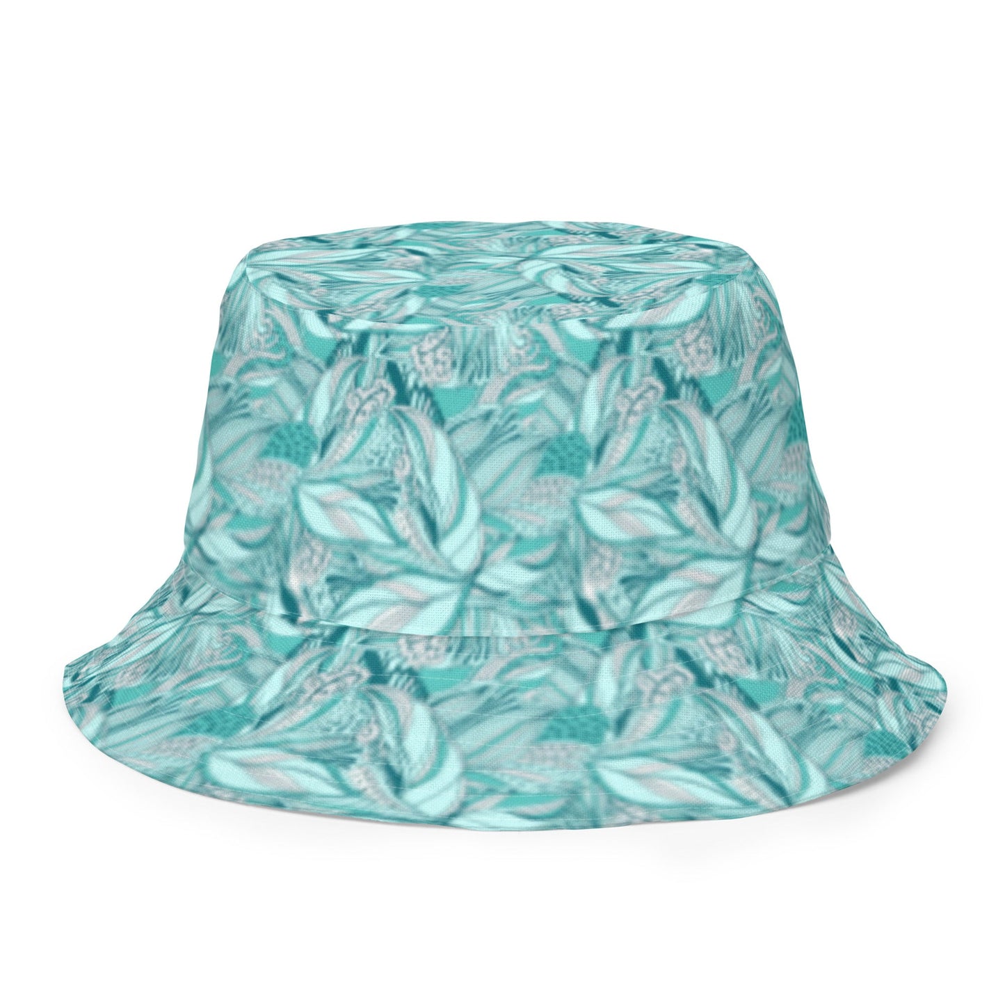 Reversible bucket hat spring green leaves with feathers on reverse design no. 1