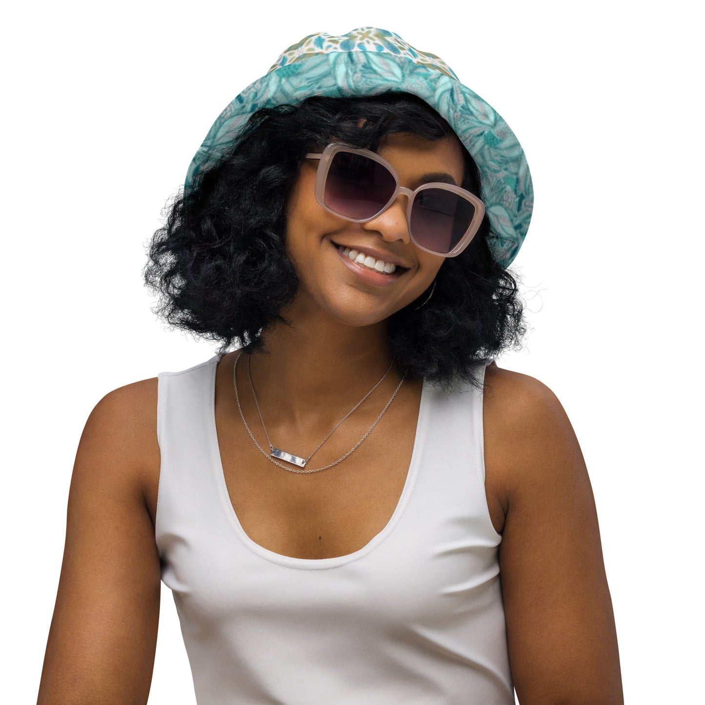 Reversible bucket hat spring green leaves with feathers on reverse design no. 1