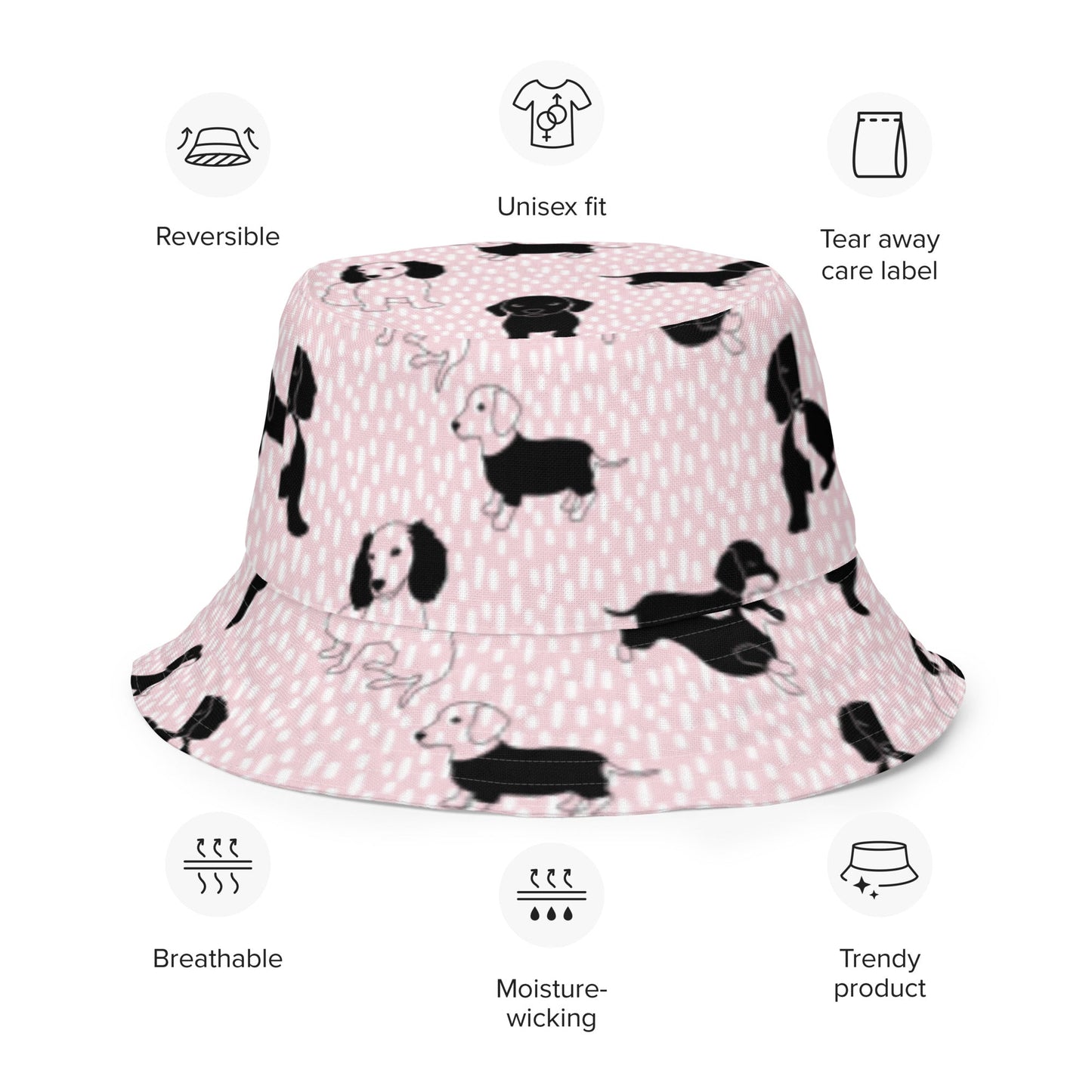 Reversible bucket hat dogs in pink and white design with pink on reverse no. 1