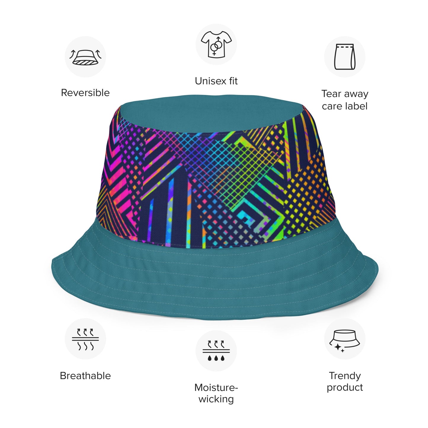 Reversible bucket hat geometric colorful lines with green on reverse design no. 1