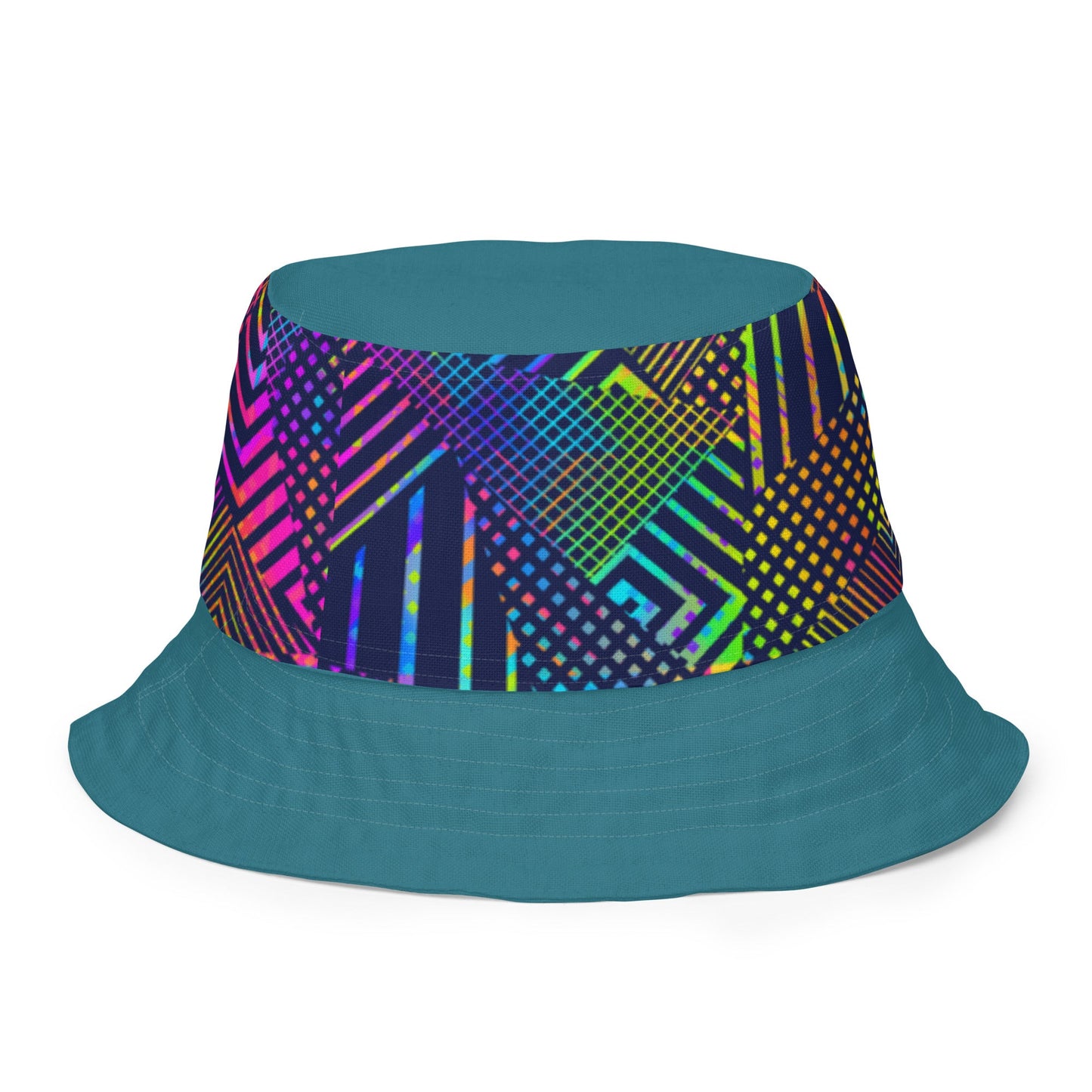 Reversible bucket hat geometric colorful lines with green on reverse design no. 1