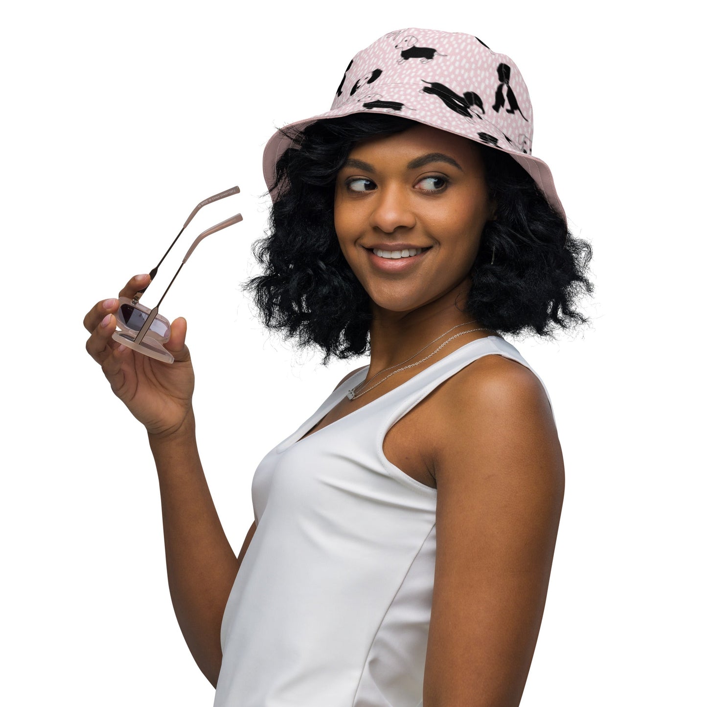 Reversible bucket hat dogs in pink and white design with pink on reverse no. 1
