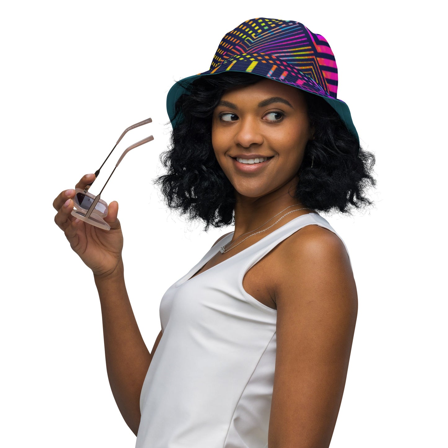 Reversible bucket hat geometric colorful lines with green on reverse design no. 1