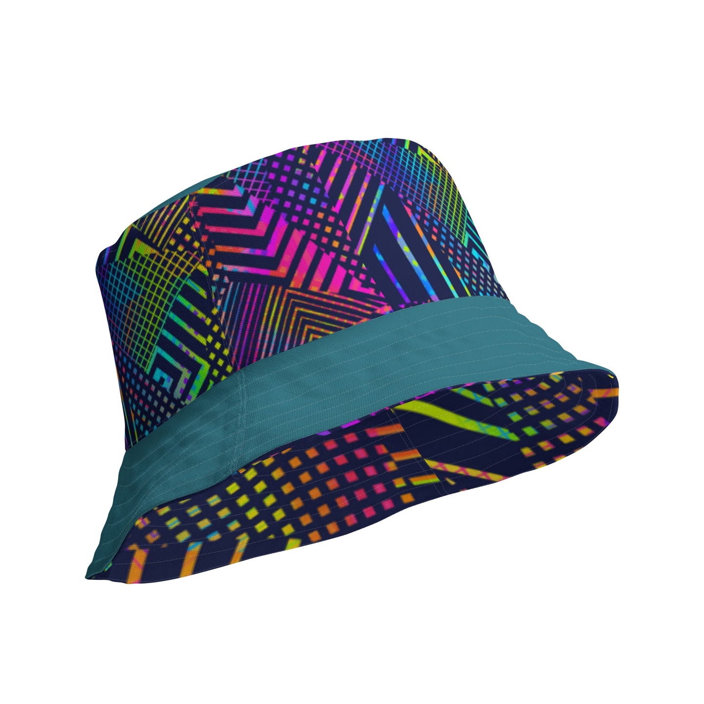 Reversible bucket hat geometric colorful lines with green on reverse design no. 1