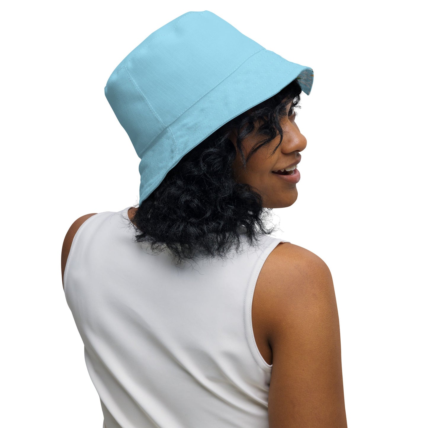 Reversible bucket hat hummingbirds design no. 1 with light blue reverse