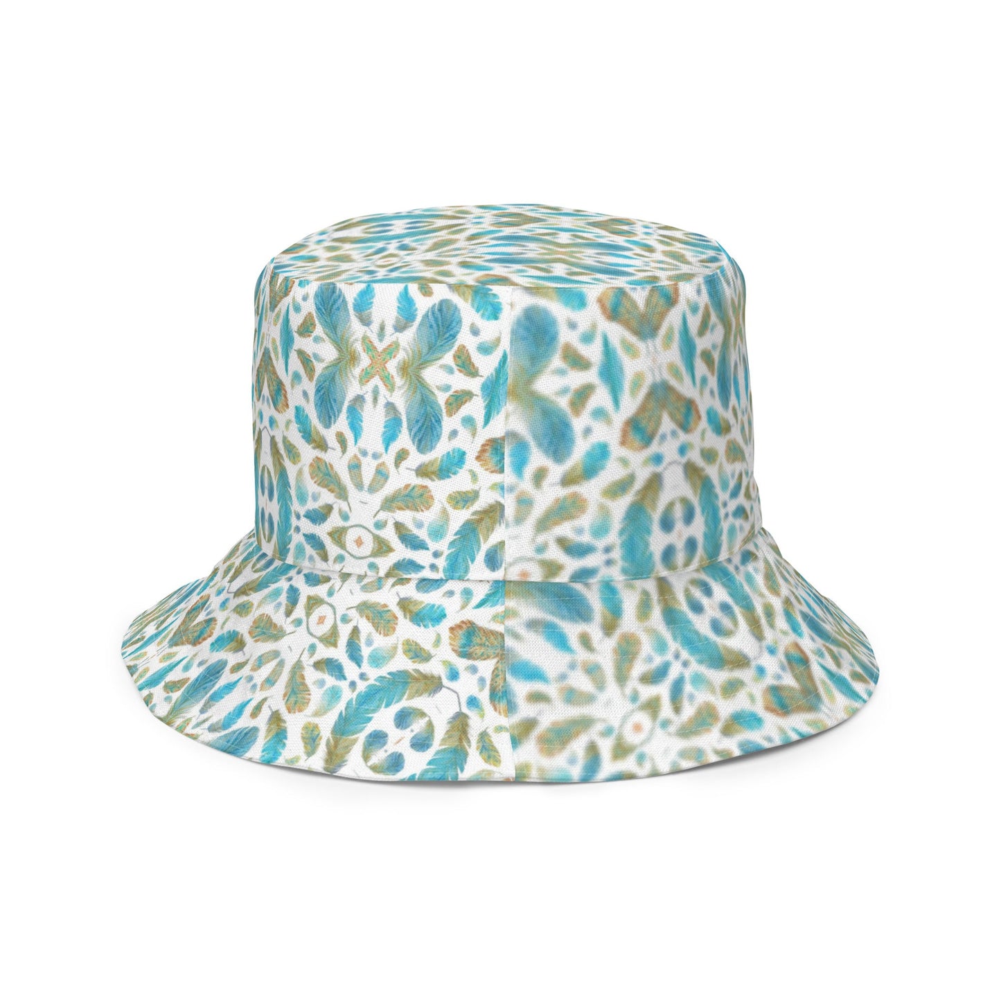 Reversible bucket hat spring green leaves with feathers on reverse design no. 1