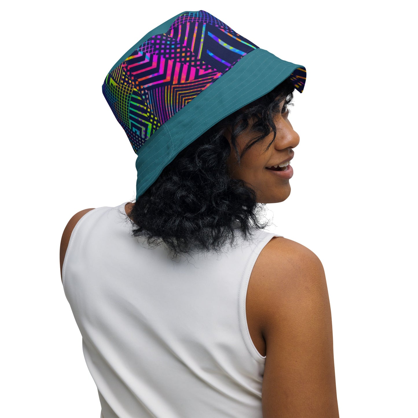 Reversible bucket hat geometric colorful lines with green on reverse design no. 1