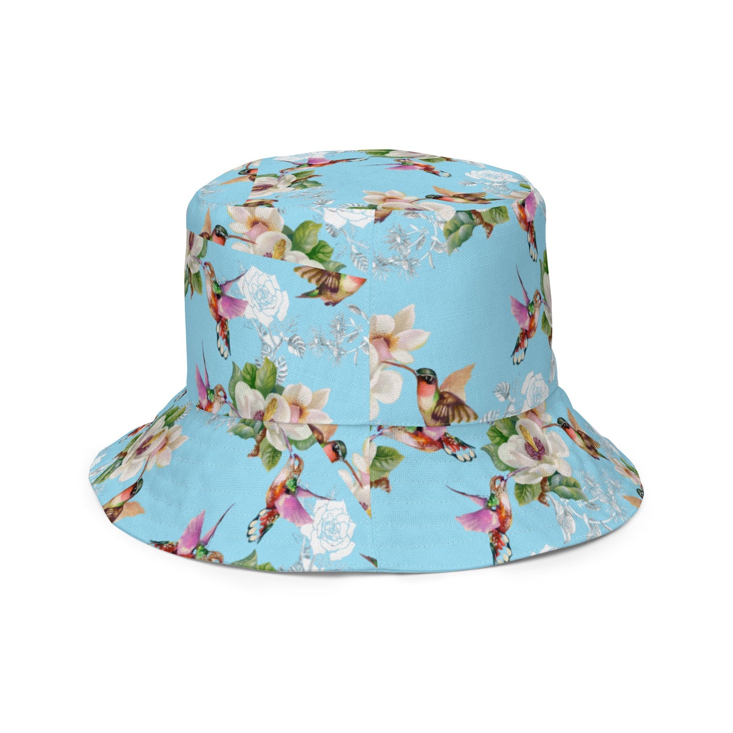 Reversible bucket hat hummingbirds design no. 1 with light blue reverse