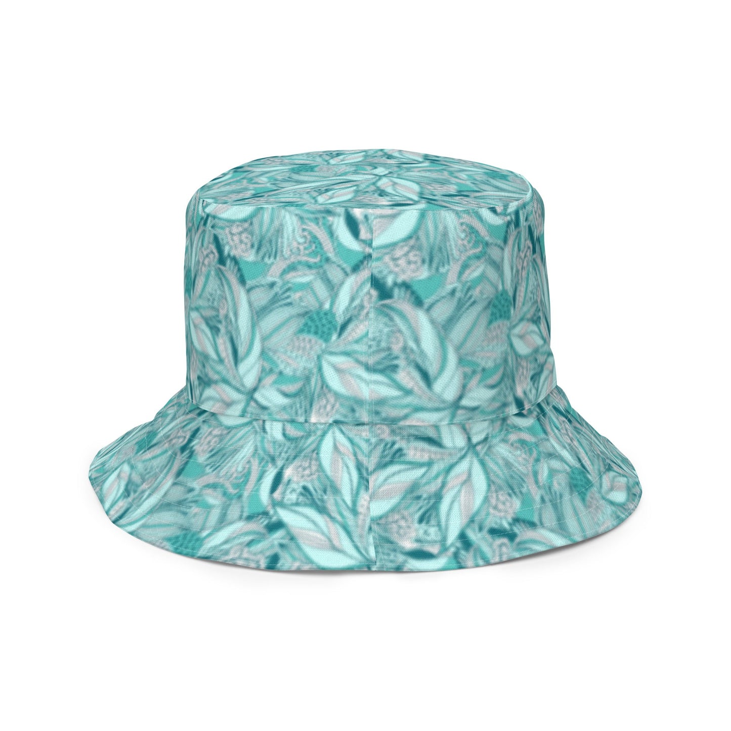 Reversible bucket hat spring green leaves with feathers on reverse design no. 1