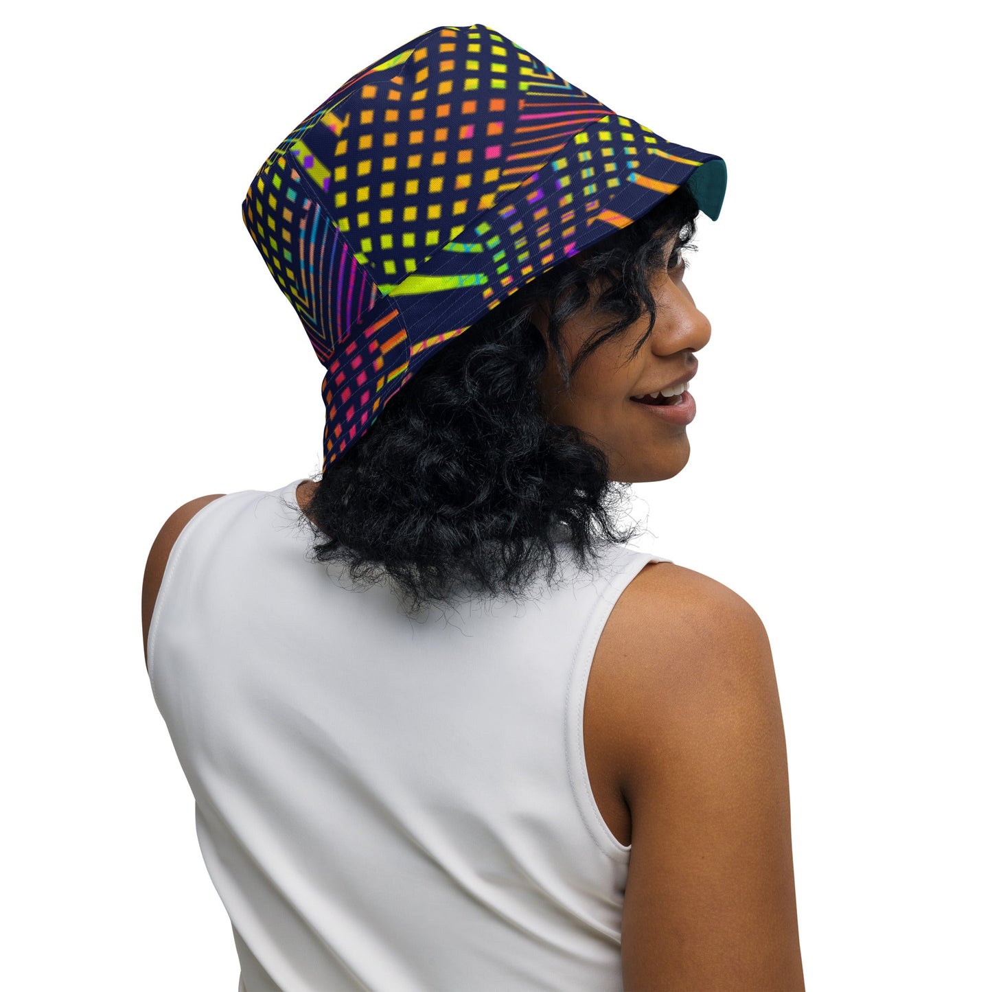 Reversible bucket hat geometric colorful lines with green on reverse design no. 1