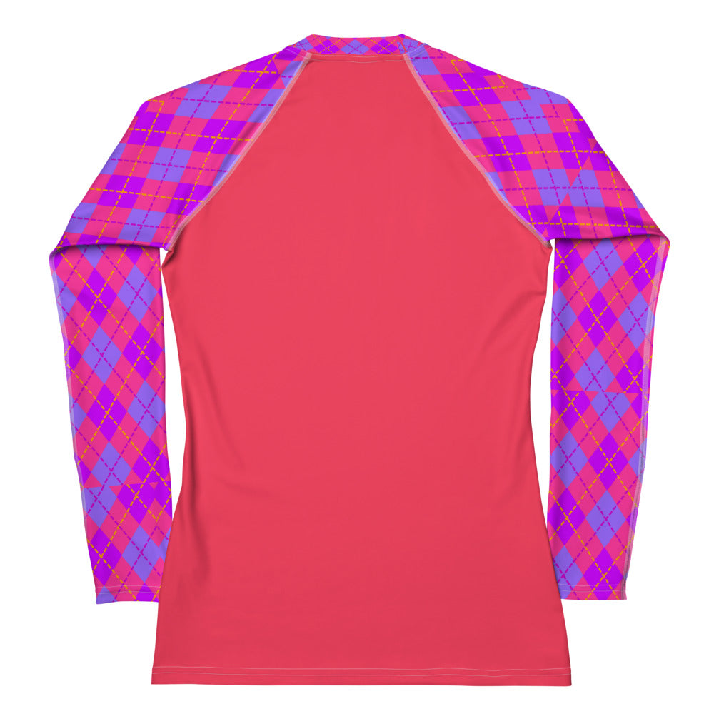 Women's Rash Guard Colorful Design with purple and orange argyle sleeves