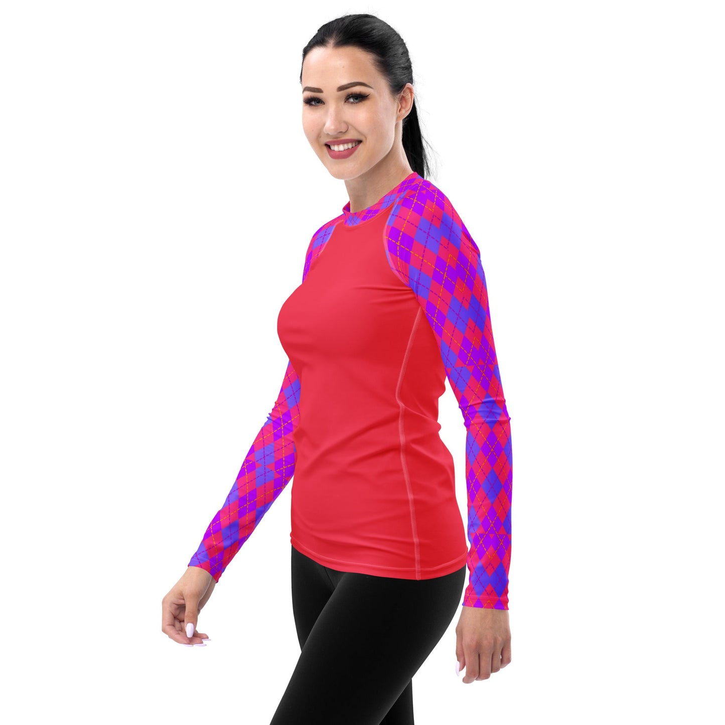 Women's Rash Guard Colorful Design with purple and orange argyle sleeves
