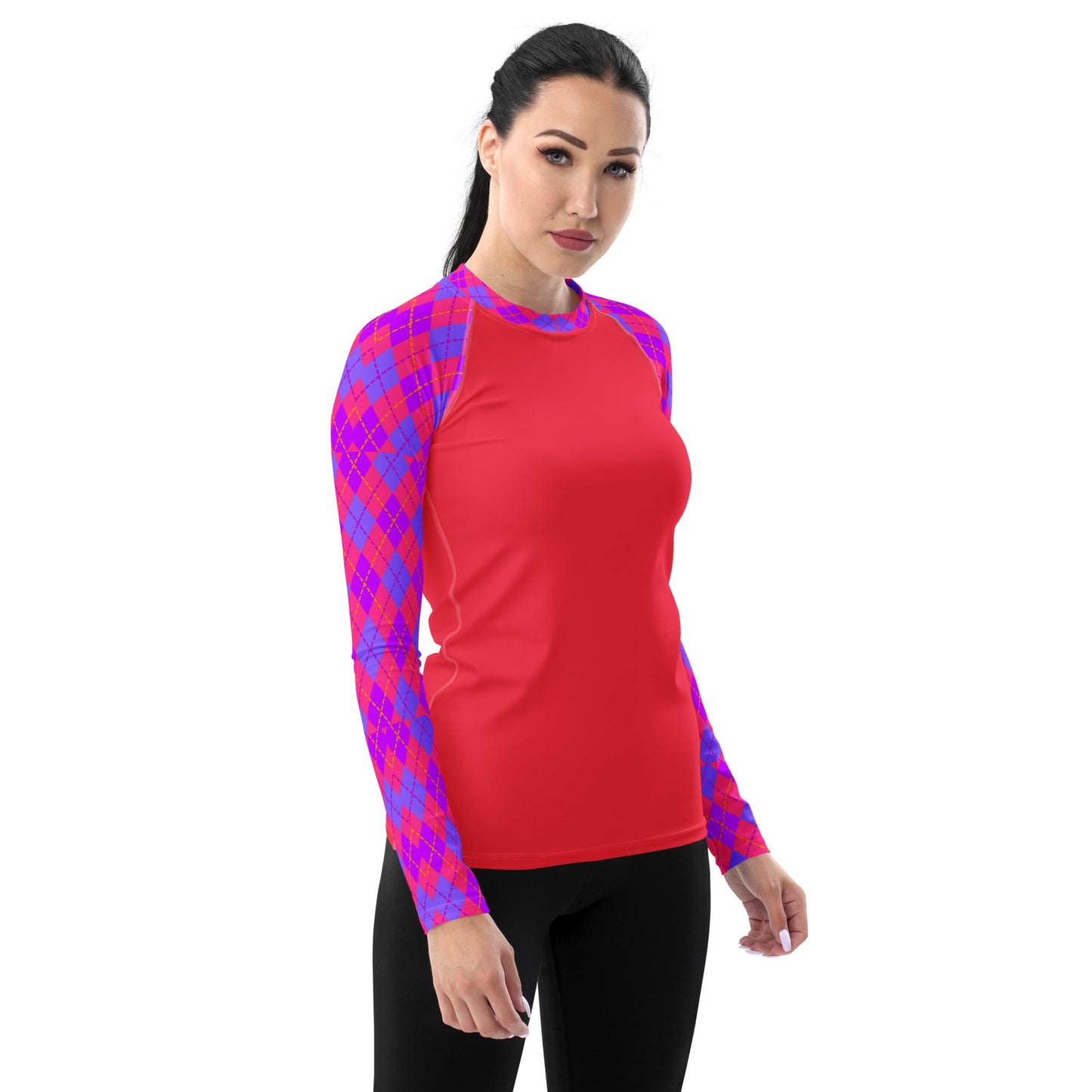 Women's Rash Guard Colorful Design with purple and orange argyle sleeves