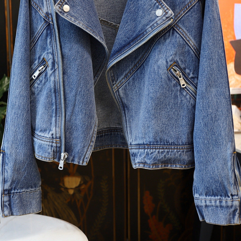 Denim Women’s Jacket - Large Lapel Long-sleeve Zipper Locomotive Style Denim Coat Jacket