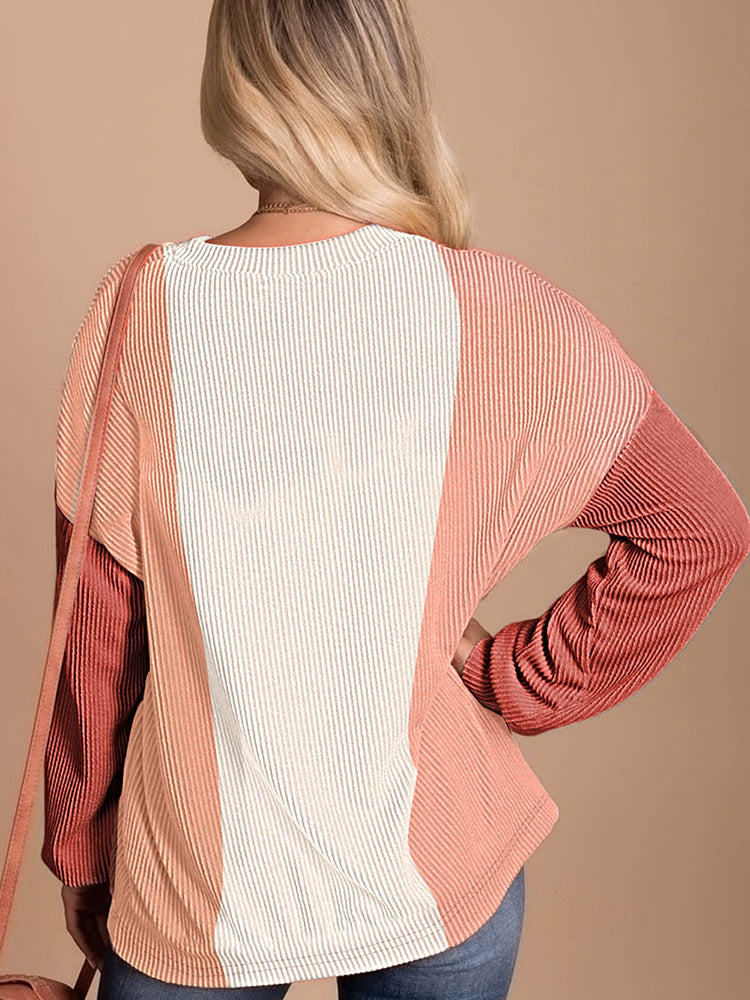 Women’s sweater - Long sleeve European And American Fashion Thread Stitching Loose Round Neck Contrast Color Pullover Sweater For Women