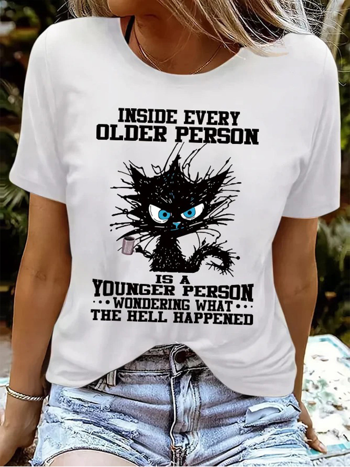 Funny Grumpy Cat Inside Every Older Person Is A Younger Person Crew Neck T-shirt
