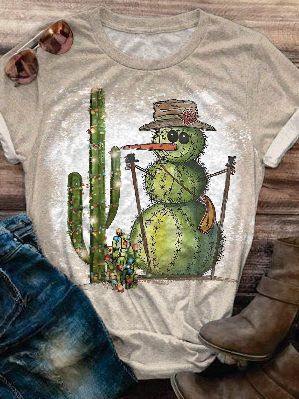 Cactus Snowman Tie dye Print Crew Neck T-Shirt
