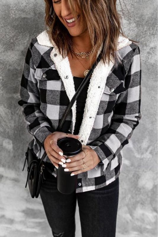 Women’s Winter Jacket - Red and Black Plaid fleece-lined jacet