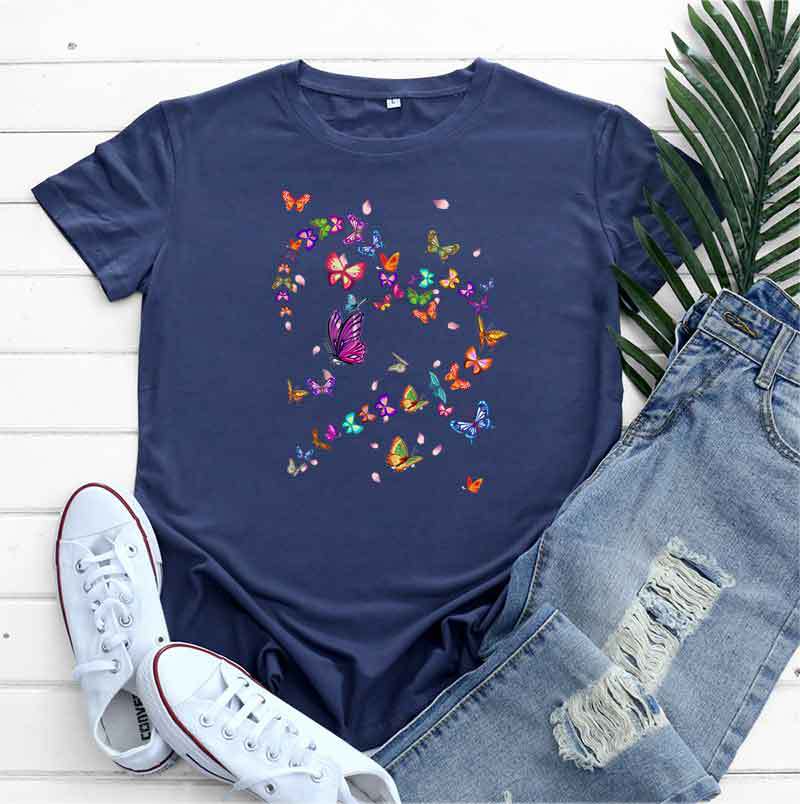 Women’s Tshirt - Women's Fashionable Simple Heart Butterfly Printed Round Neck Short Sleeve T-shirt