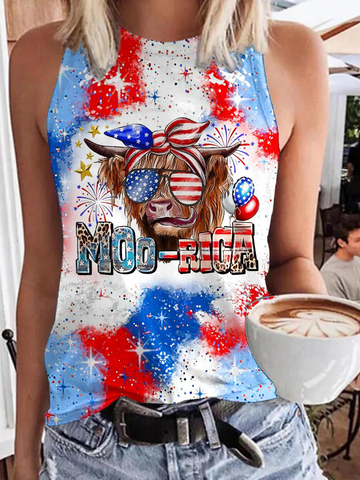 Independence Day Flag Highland Cow Print Casual Sleeveless Top