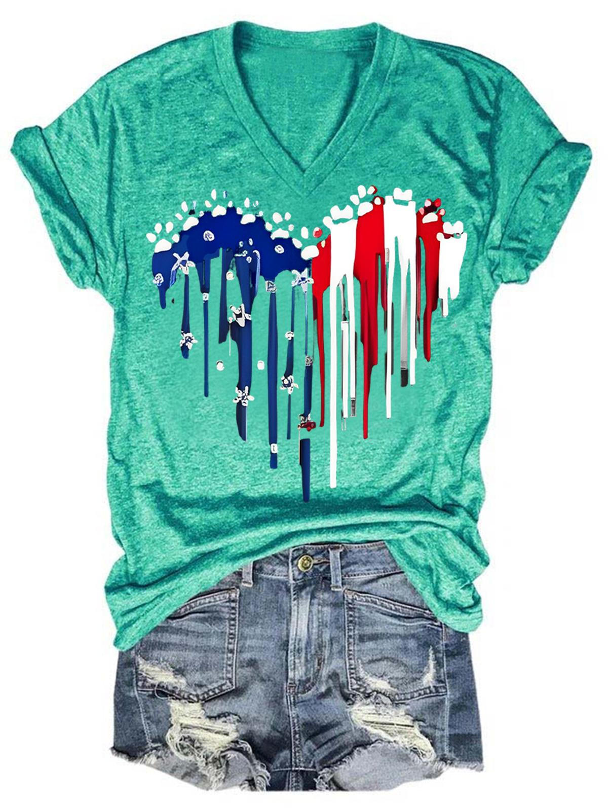 Heart Dog Paw Flag Print V-Neck T-Shirt