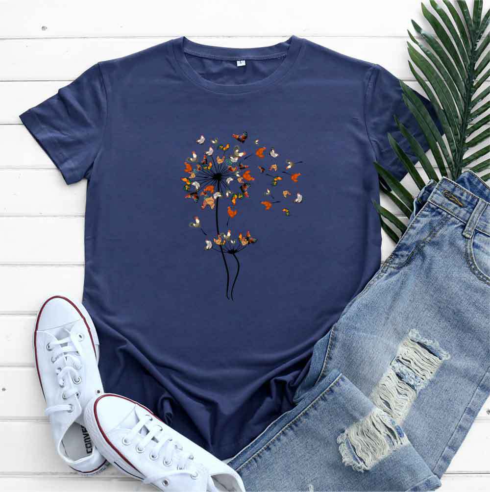Women’s Short sleeve Tshirt  - European And American Rooster Dandelion Printed Cotton
